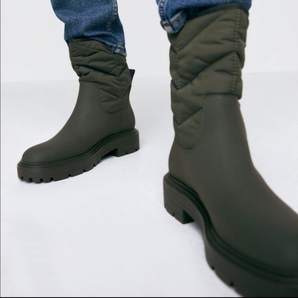 Zara Green Lug Sole Quilted Ankle Boots Women's 8 - Picture 3 of 5